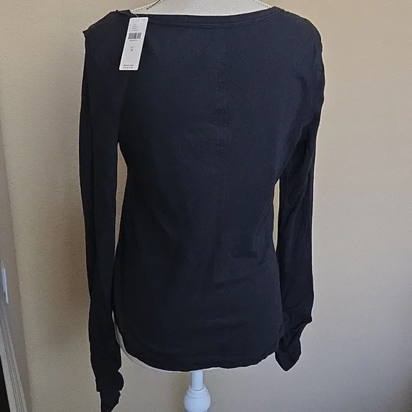 Anthropologie Pilcro Long Sleeve Scoop Neck Henley Tee Ruched Sleeves Black - M - Picture 3 of 9